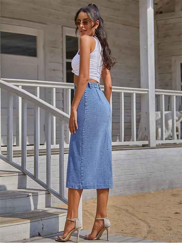 Stunncal Button Irregular Slit Denim Skirt