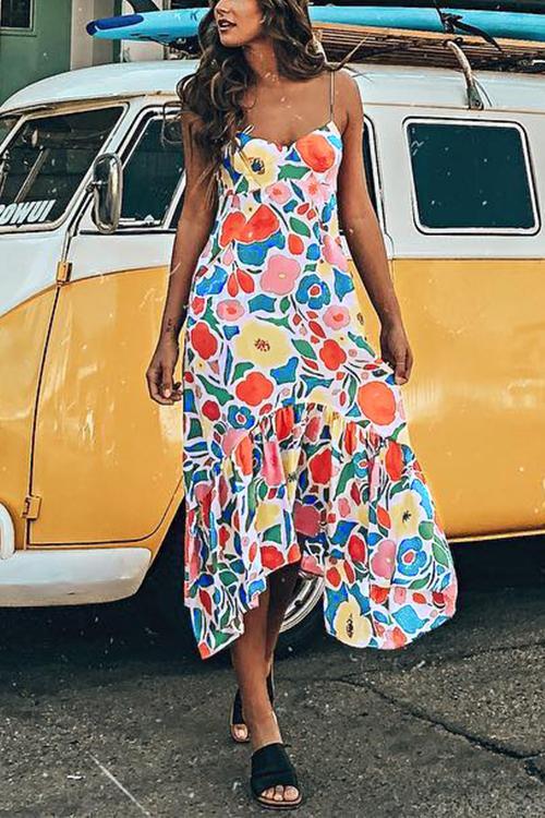 Stunncal Floral Printed Summer Backless Mid Calf Dress With Pocket