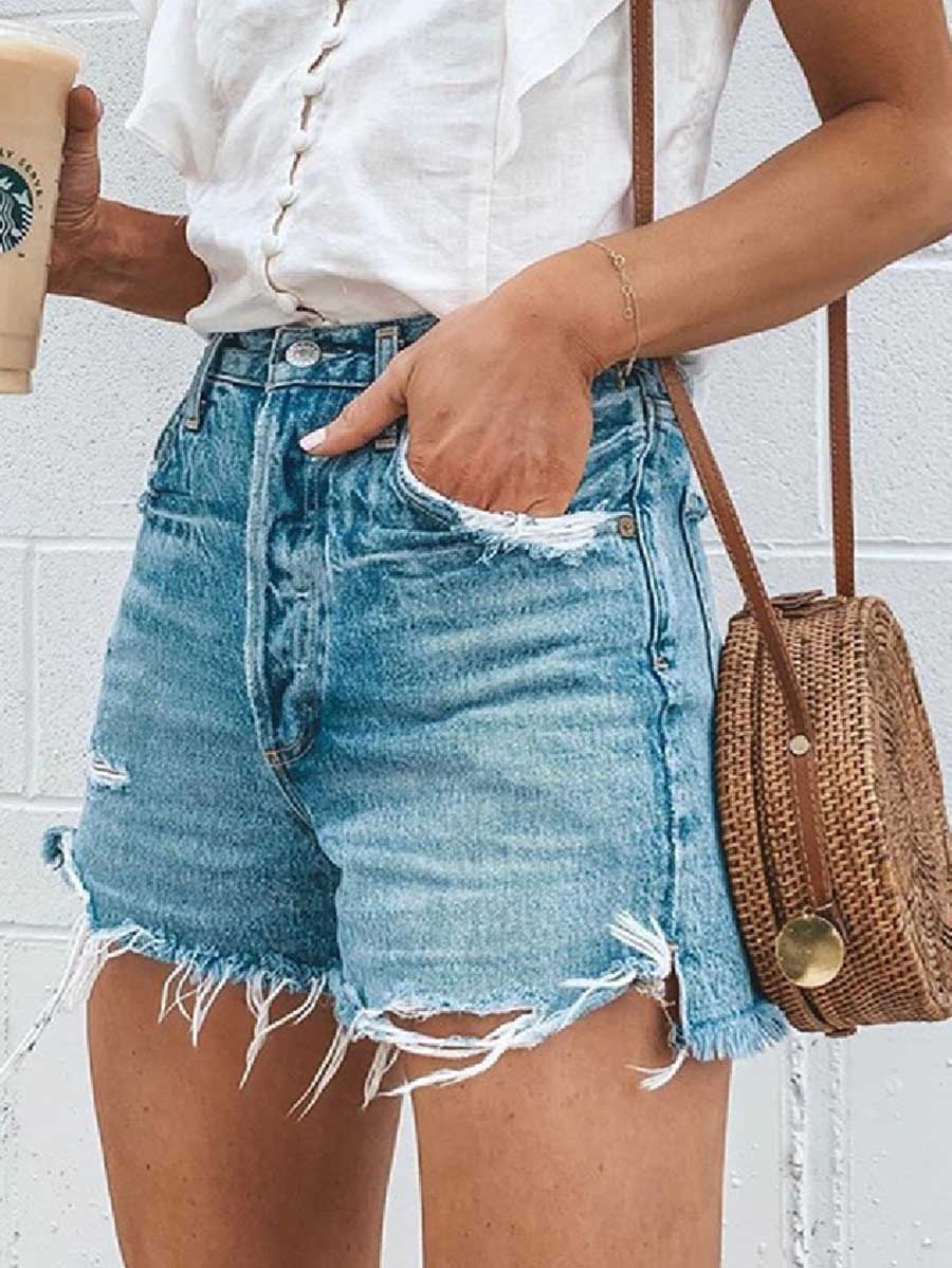 Stunncal Frayed Raw Hem Ripped Denim Shorts