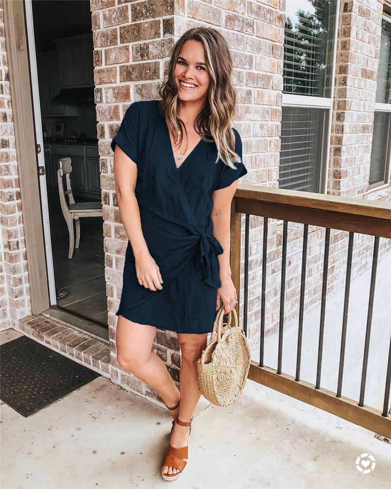 Stunncal Knot V Neck Short Sleeve Mini Dress