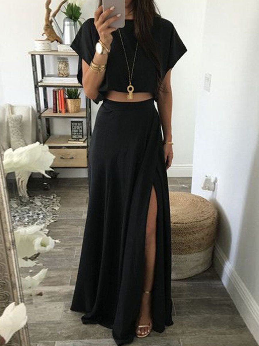 Stunncal Fashion Casual Solid Split Joint O Neck Short Sleeve Two Pieces