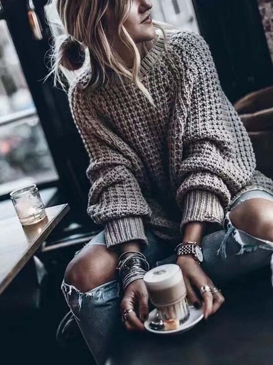 Stunncal Loose Solid Color Knitted Sweater