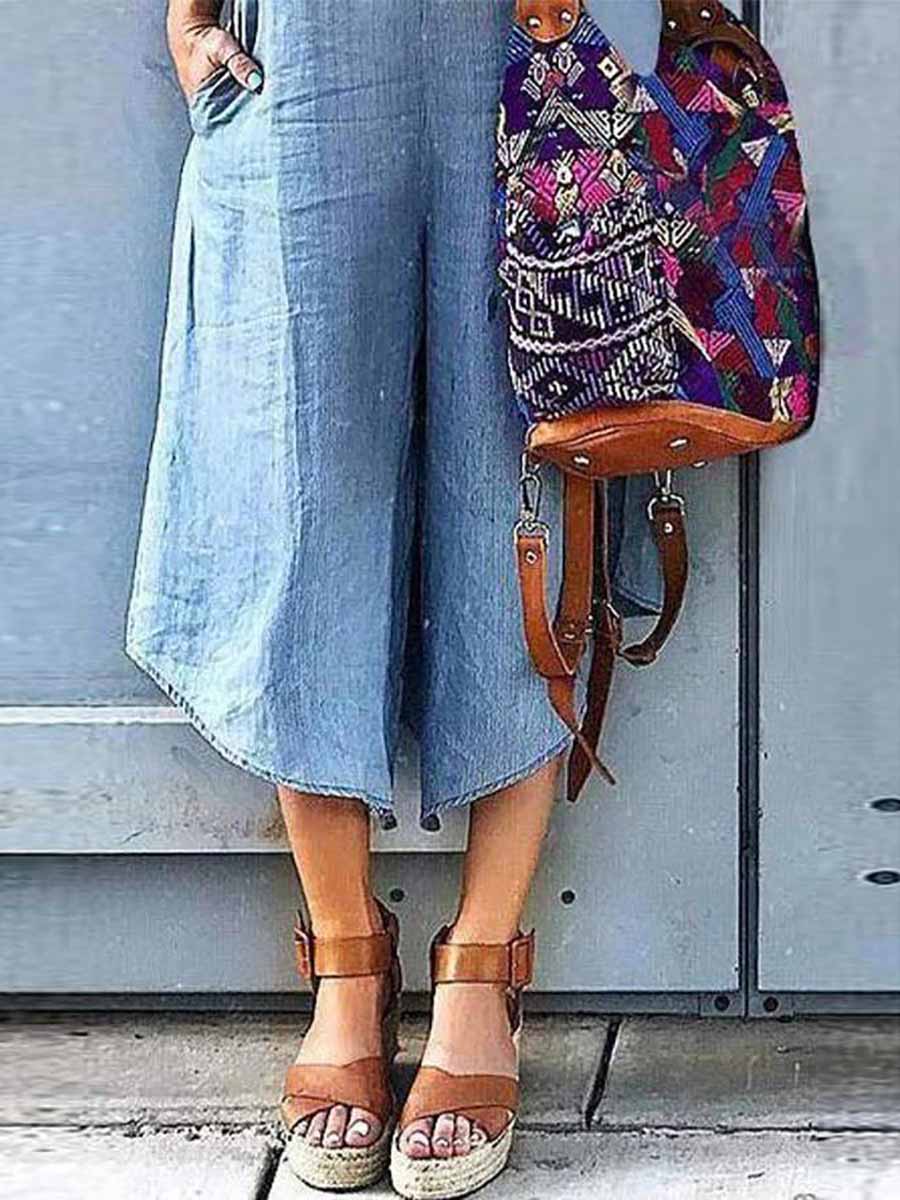 Stunncal Sleeveless V-neck Wide Leg Denim Jumpsuit