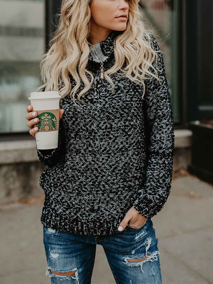 Stunncal Mixed Color High Neck Zipper Sweater