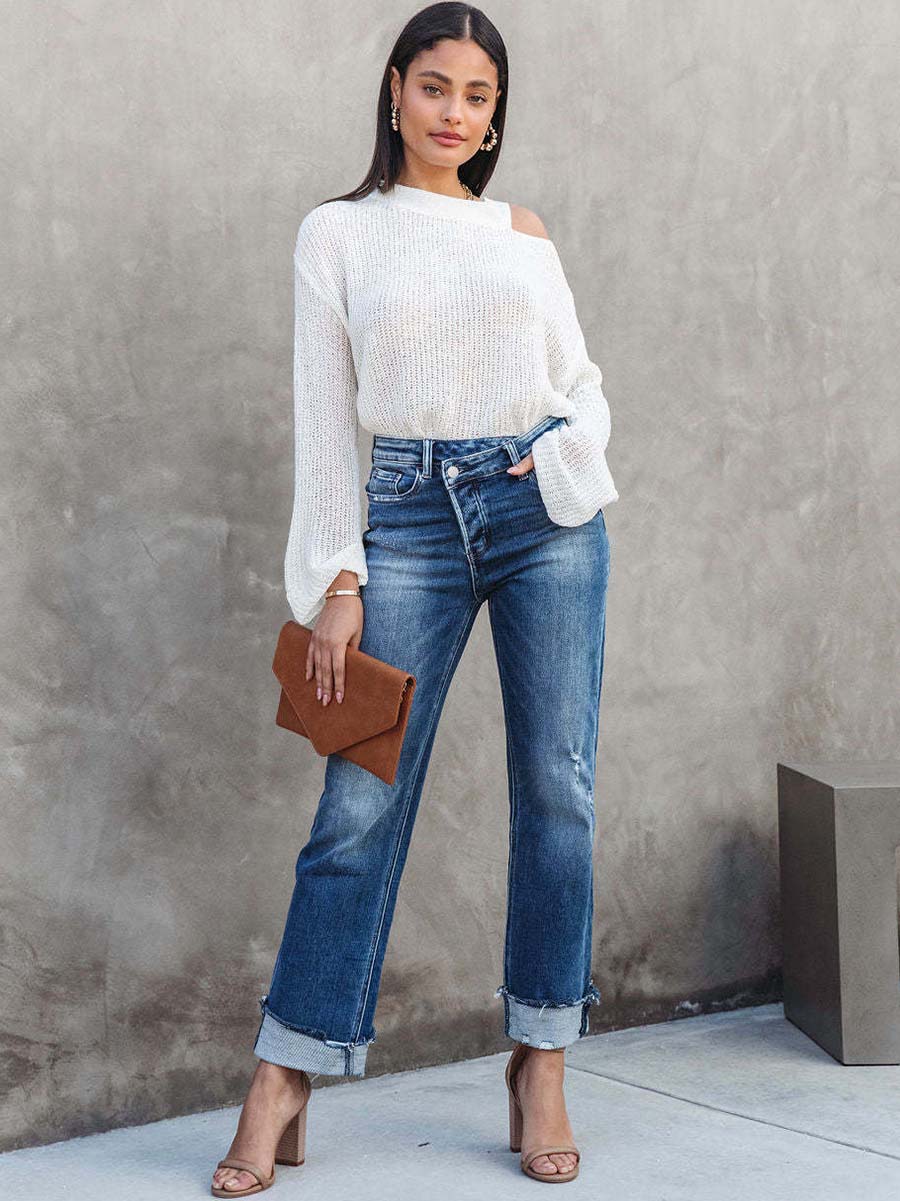 Stunncal Casual Street Solid Make Old Asymmetrical Straight Denim Jeans