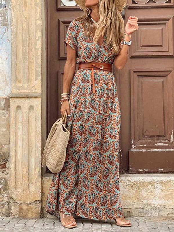 Stunncal Boho Style V-neck Floral Belt Dress (7 colors)