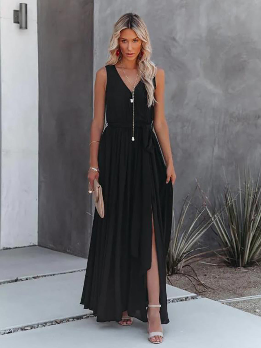 Stunncal V-Neck Sleeveless Solid Color Dress