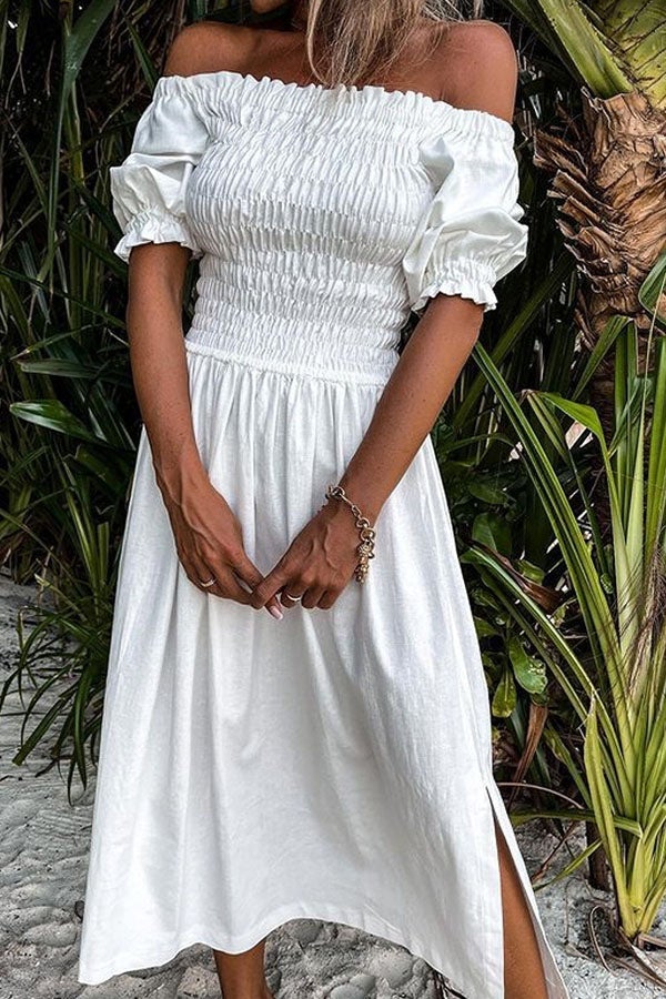 Stunncal Forever After All Smocked Off Shoulder Slit Dress