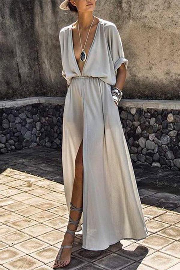 Stunncal Deep V-neck Solid Color Mid-sleeve Large Swing Skirt Split Long Dress