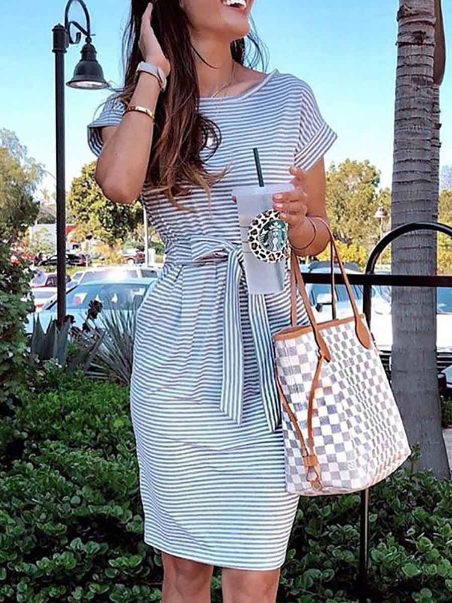 Stunncal Short Sleeve Pinstripe Round Neck Casual Wear Dress
