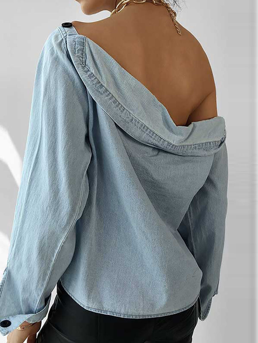 Stunncal Off-Shoulder Button Denim Shirt