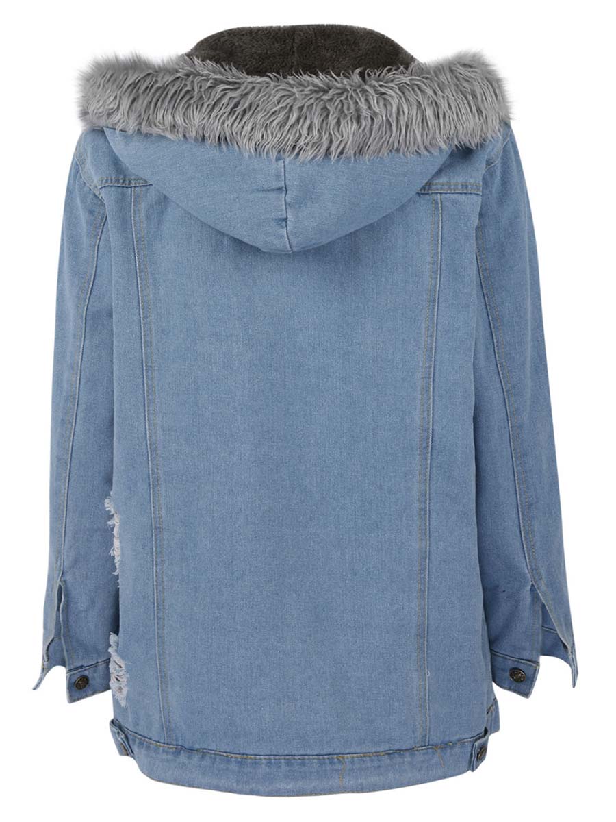 Stunncal Padded Warm Hole Large Fur Collar Denim Jacket(4 colors)