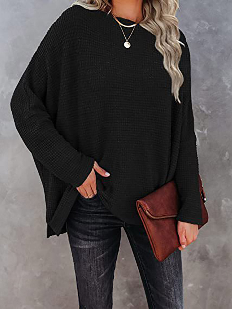 Stunncal Solid Color Knitted Bat Long Sleeve Sweater