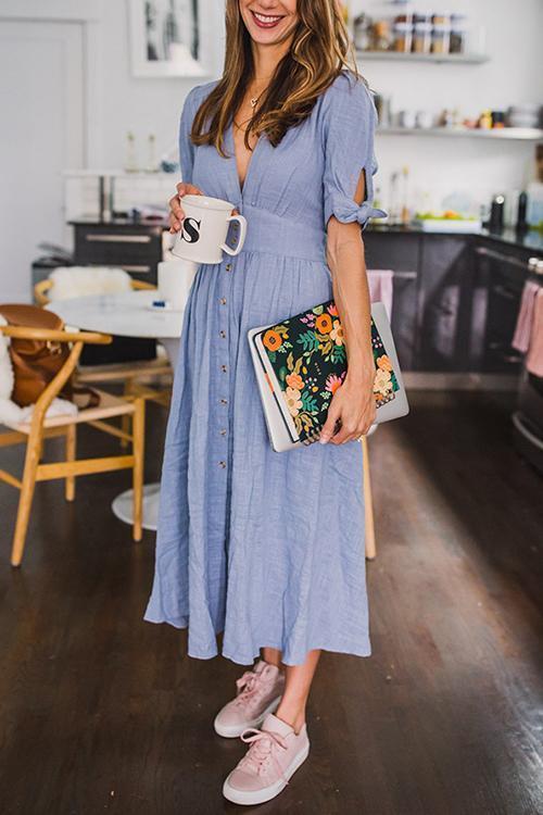 Stunncal Button Knot Sleeve Dress