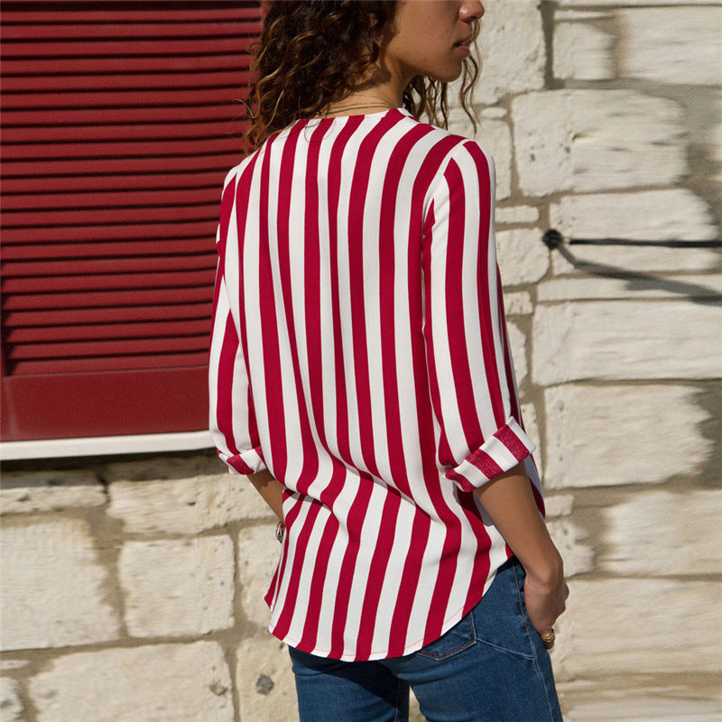 Stunncal V-Neck Striped Long-Sleeved Shirt