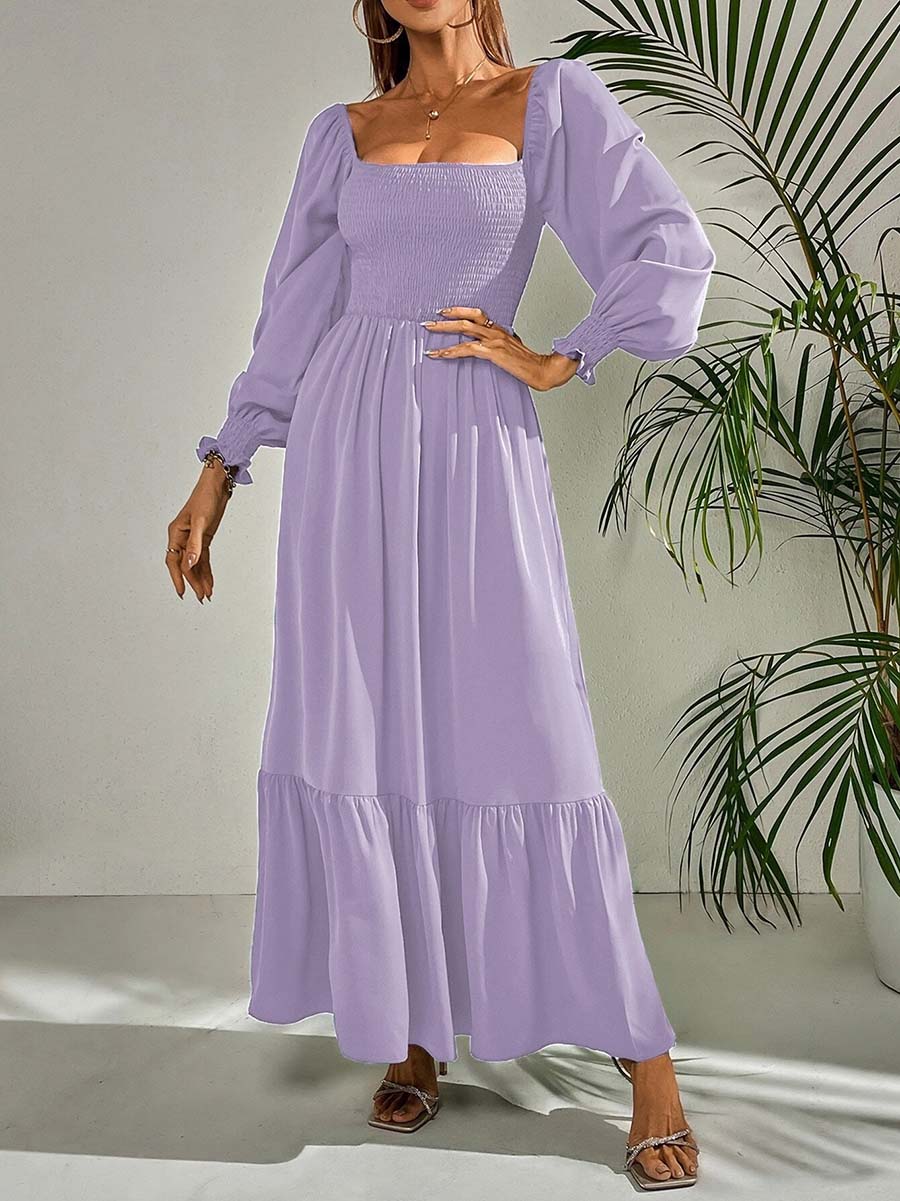 Stunncal Square Neck Long Sleeve Ruffle High Waist Dress (5 colors)