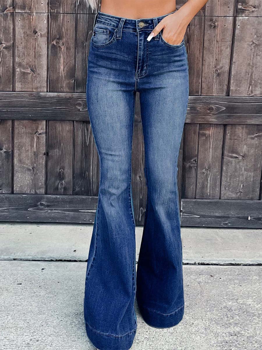 Stunncal Street Solid Patchwork High Waist Boot Cut Denim Jeans