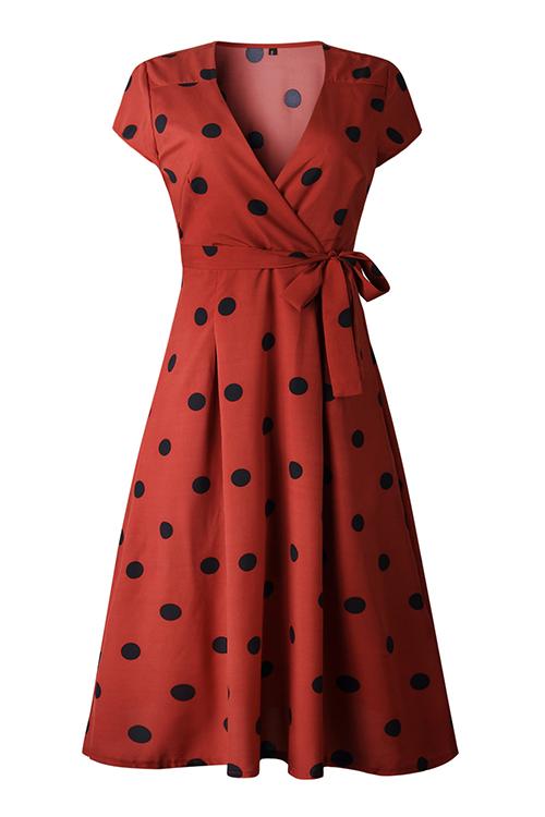 Stunncal Dot Print V Neck Sleeveless Dress