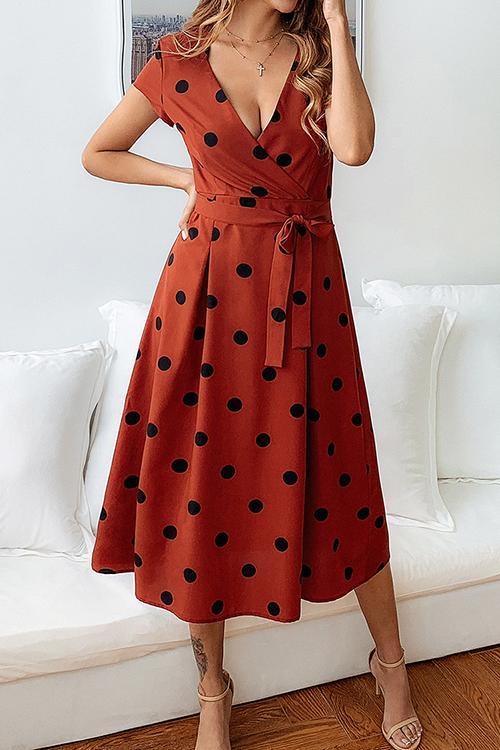 Stunncal Dot Print V Neck Sleeveless Dress