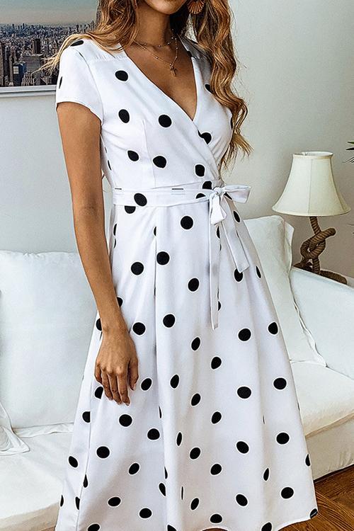 Stunncal Dot Print V Neck Sleeveless Dress