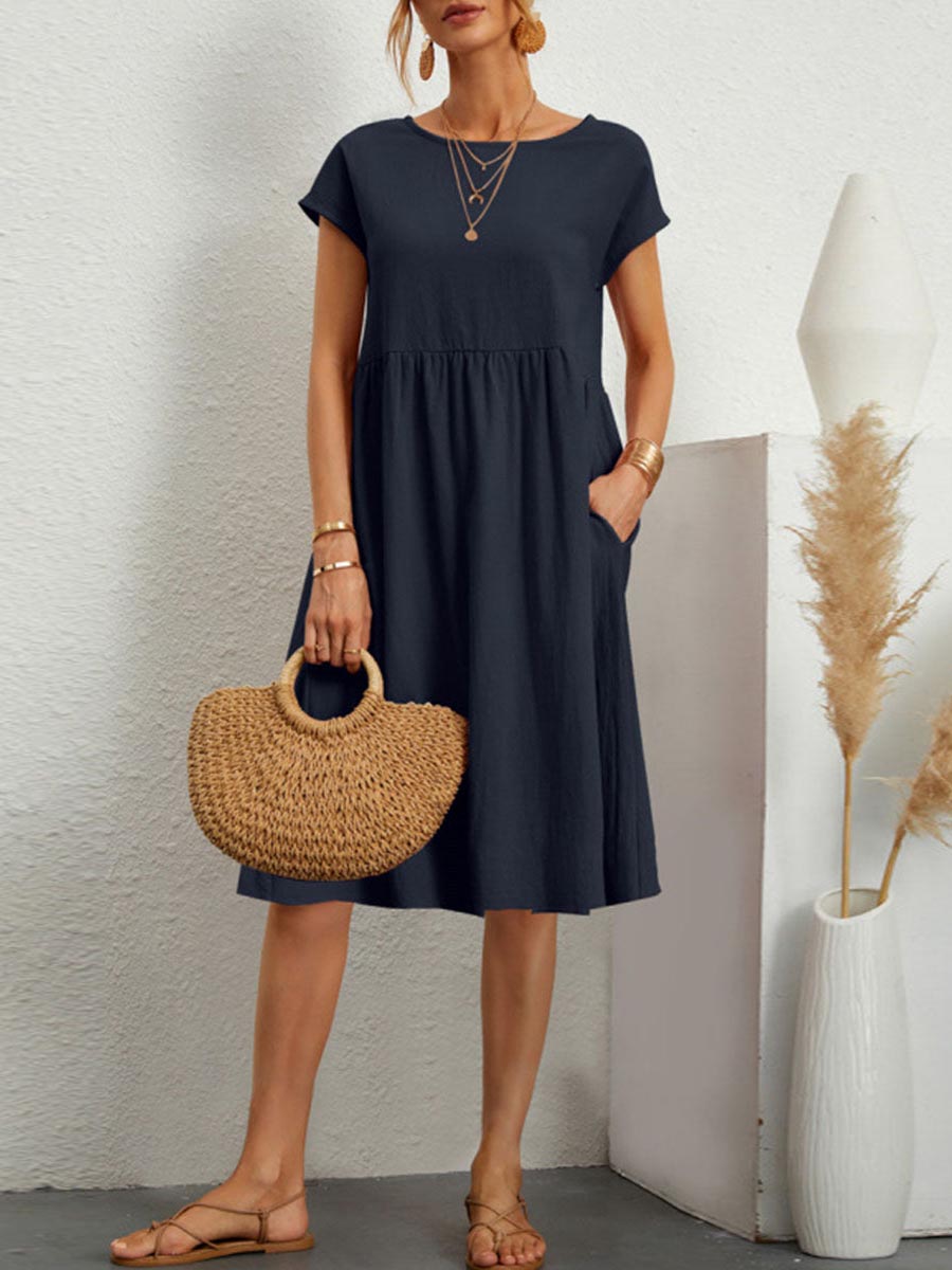 Stunncal Casual Solid Patchwork O Neck A Line Short Sleeve Dress(11 Colors)