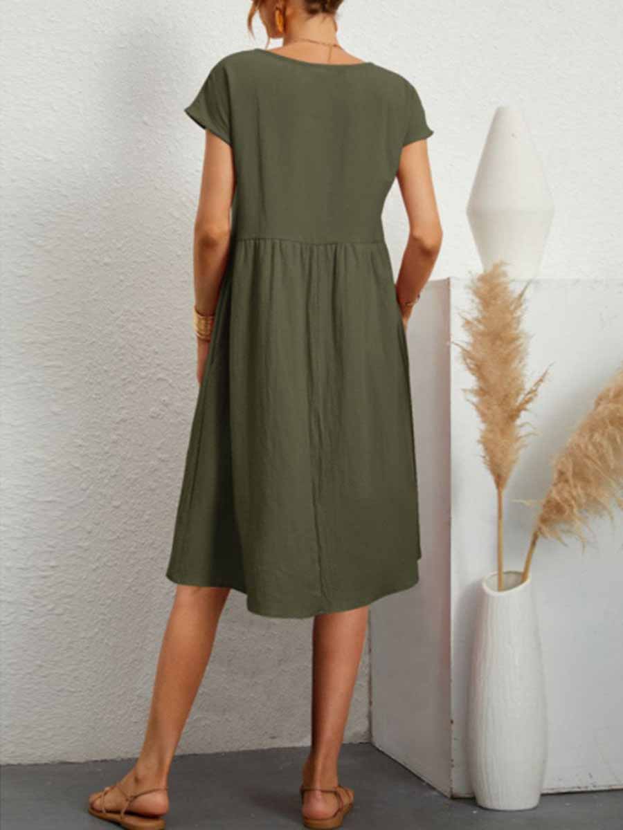Stunncal Casual Solid Patchwork O Neck A Line Short Sleeve Dress(11 Colors)