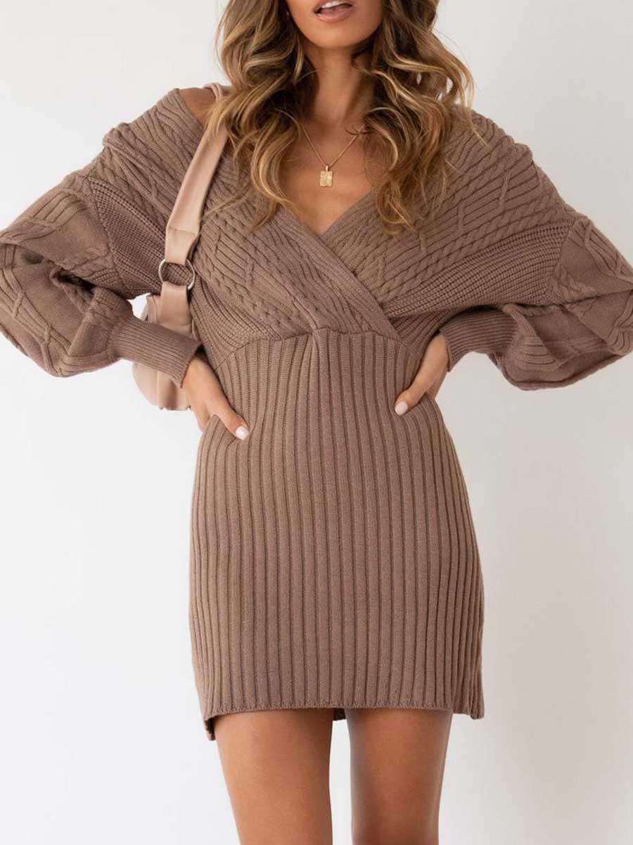 Stunncal V-neck Sexy Twist Mid-length Women's Sweater Wrap Skirt