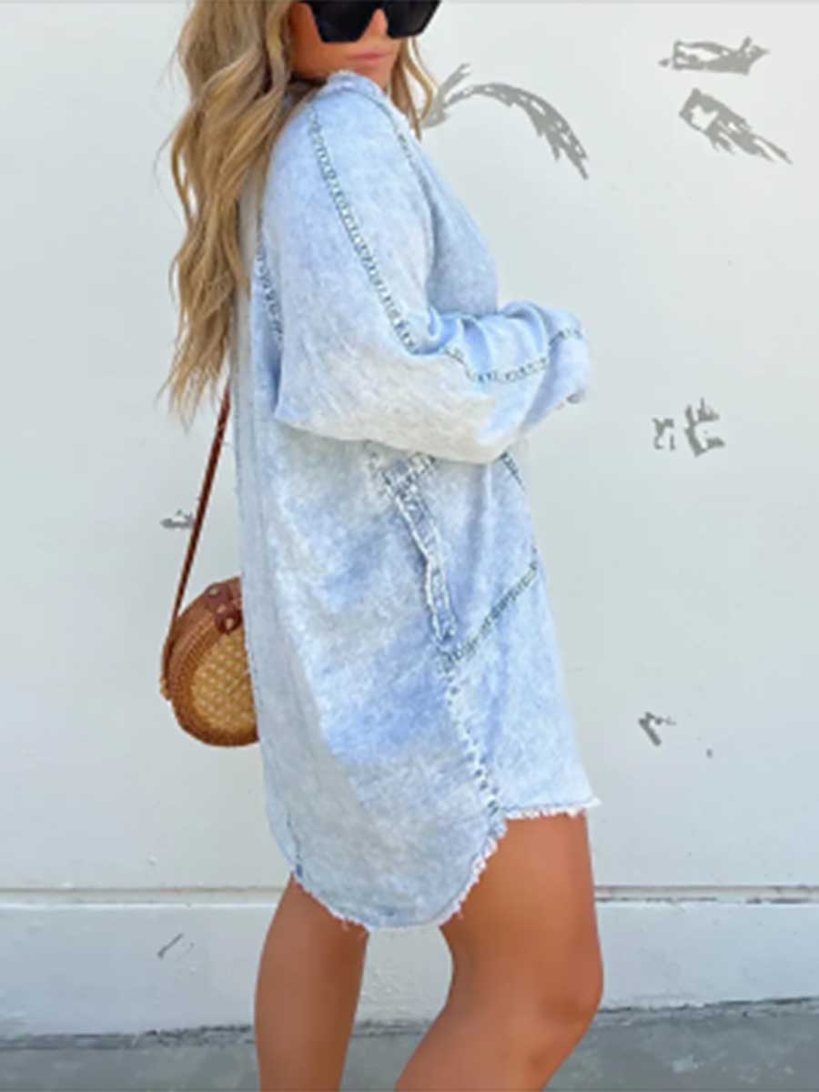 Stunncal V-neck Washed Loose Shirt Denim Skirt