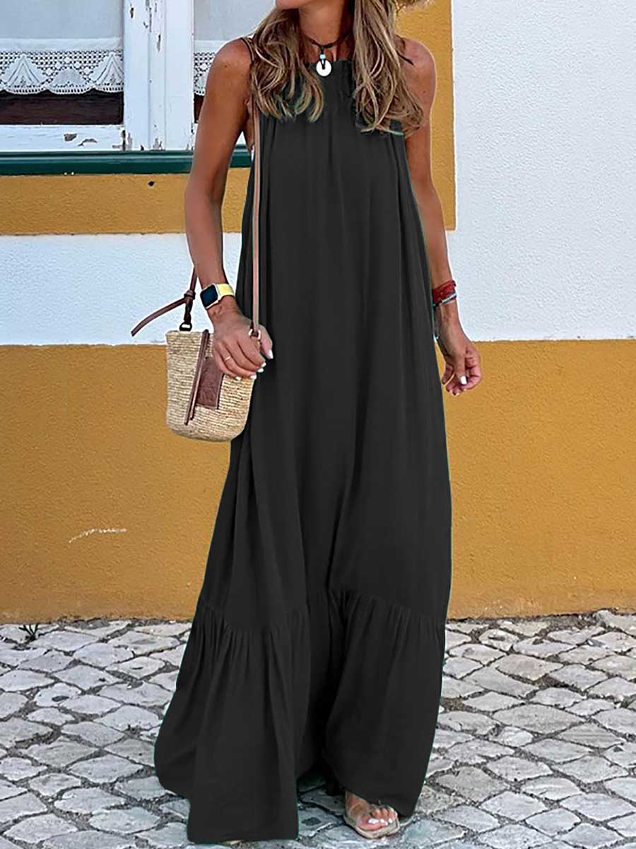 Stunncal Fashion Temperament Solid Color Sleeveless Neck Long Dresses