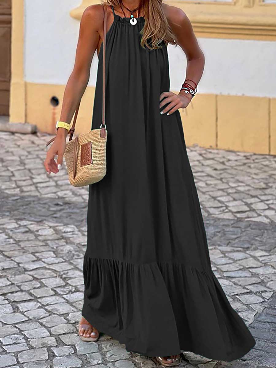 Stunncal Fashion Temperament Solid Color Sleeveless Neck Long Dresses