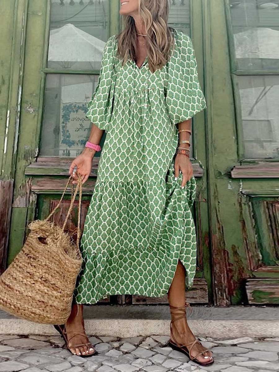 Stunncal Printed Bubble Sleeve Dress