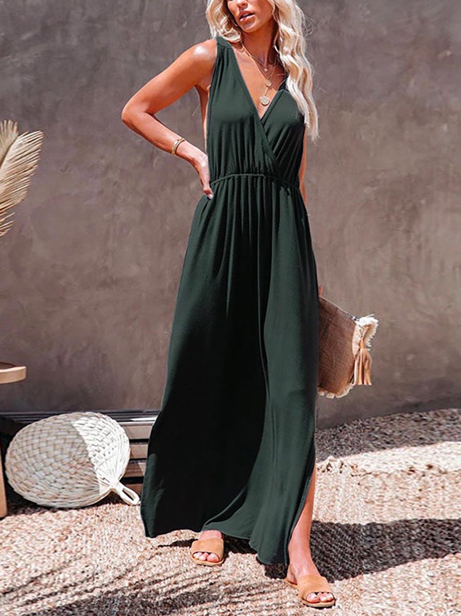 Stunncal Sleeveless V Neck Side Split Solid Maxi Sundress
