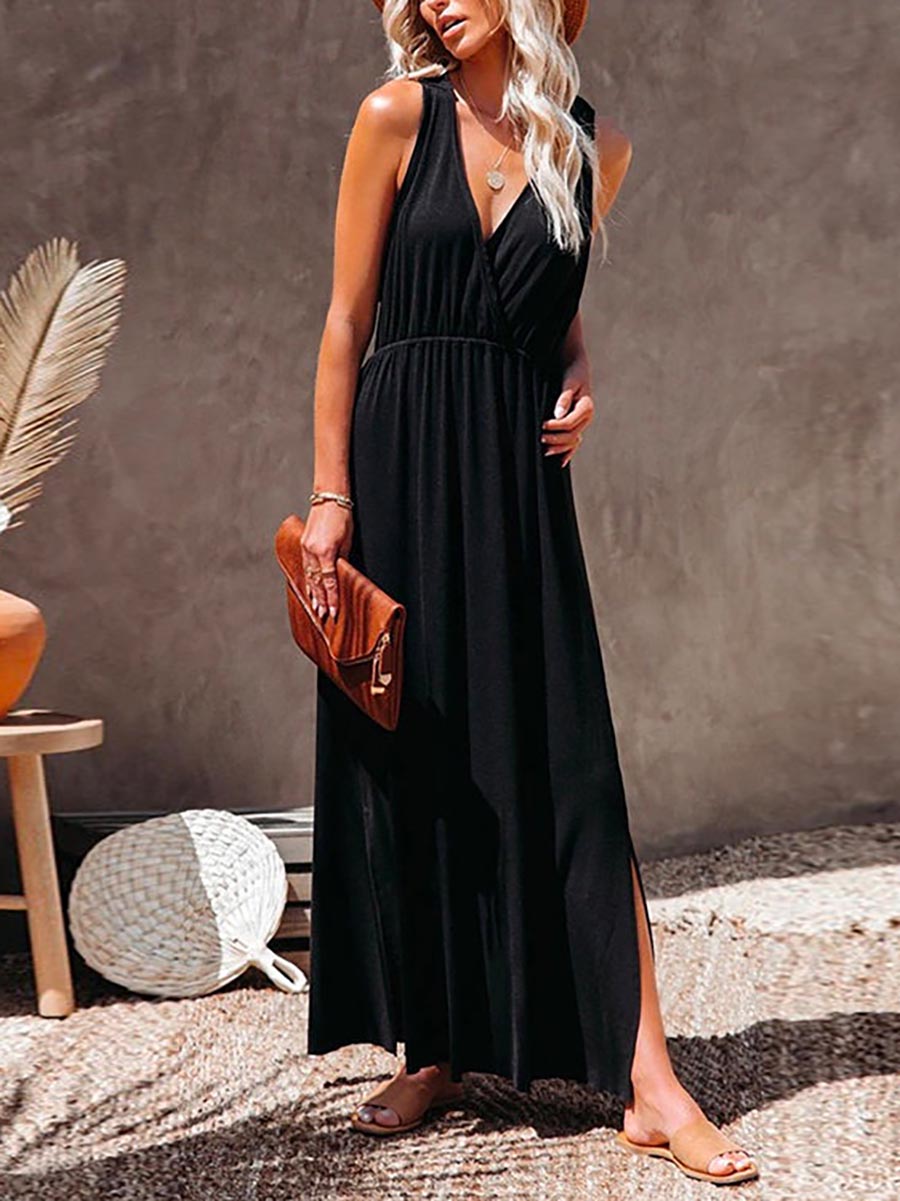 Stunncal Sleeveless V Neck Side Split Solid Maxi Sundress
