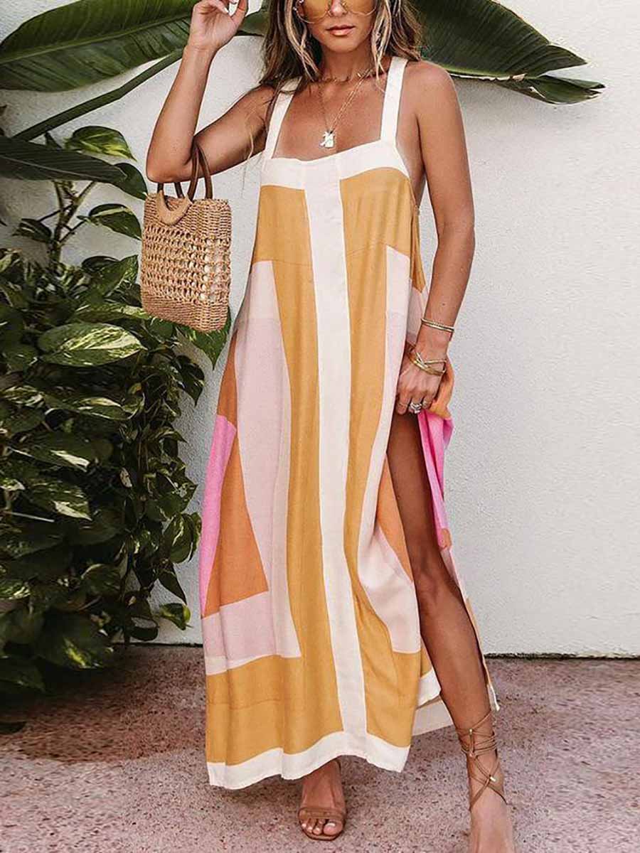 Stunncal Color Block Stitching Holiday Maxi Dress