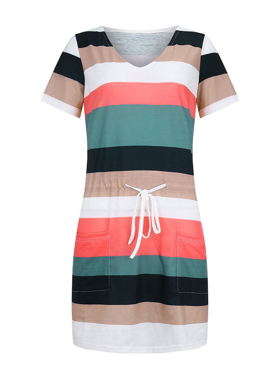 Stunncal Striped Drawstring Dresses（6 colors）