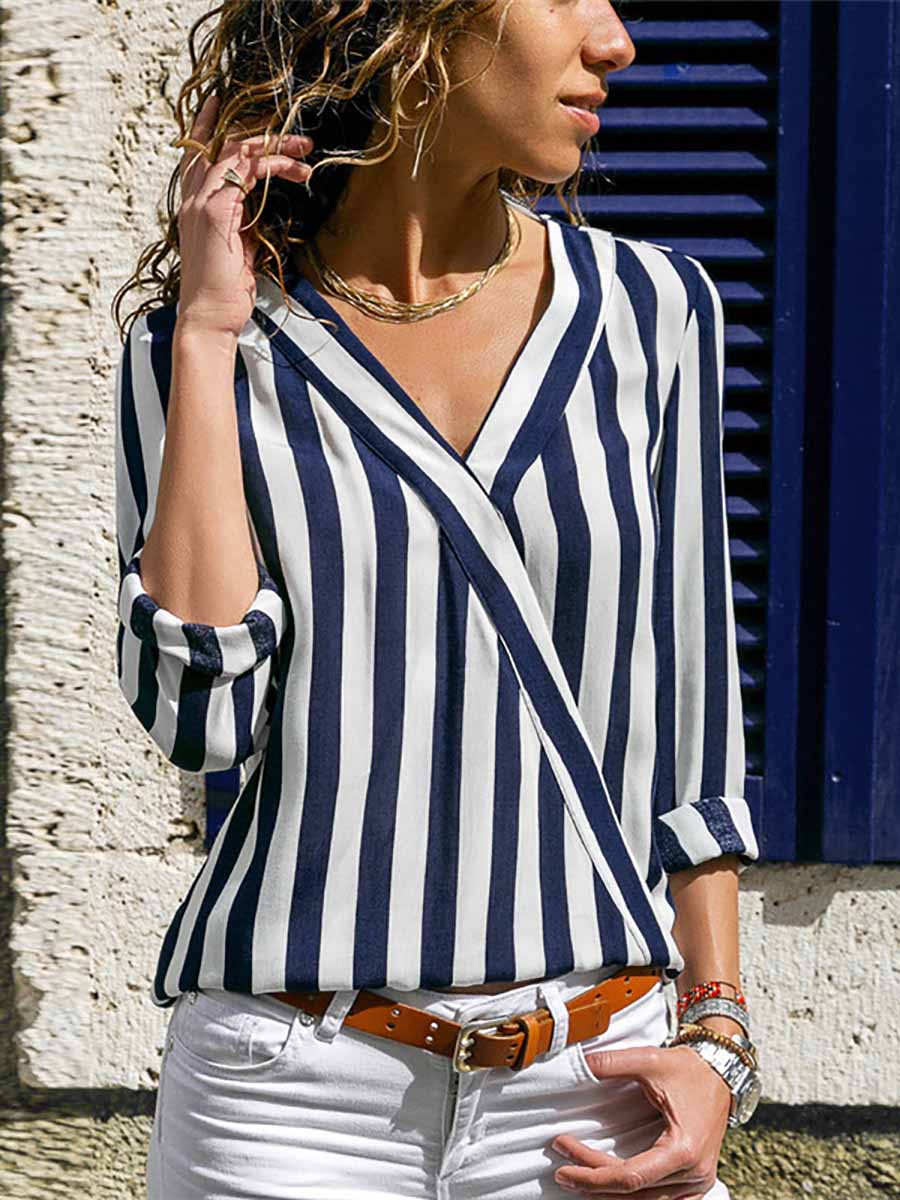 Stunncal V-Neck Striped Long-Sleeved Shirt