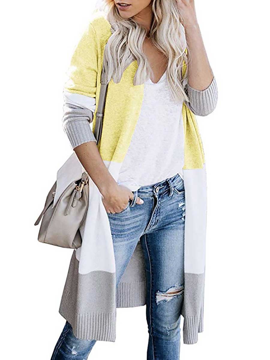 Stunncal Knit Sweater Tricolor Stripe Patchwork Long Sweater Cardigan