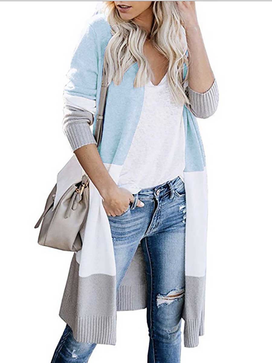 Stunncal Knit Sweater Tricolor Stripe Patchwork Long Sweater Cardigan