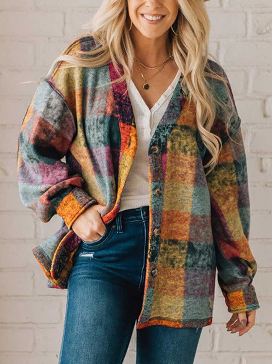 Stunncal Loose-fitting Plaid Shirt Fleece Jacket