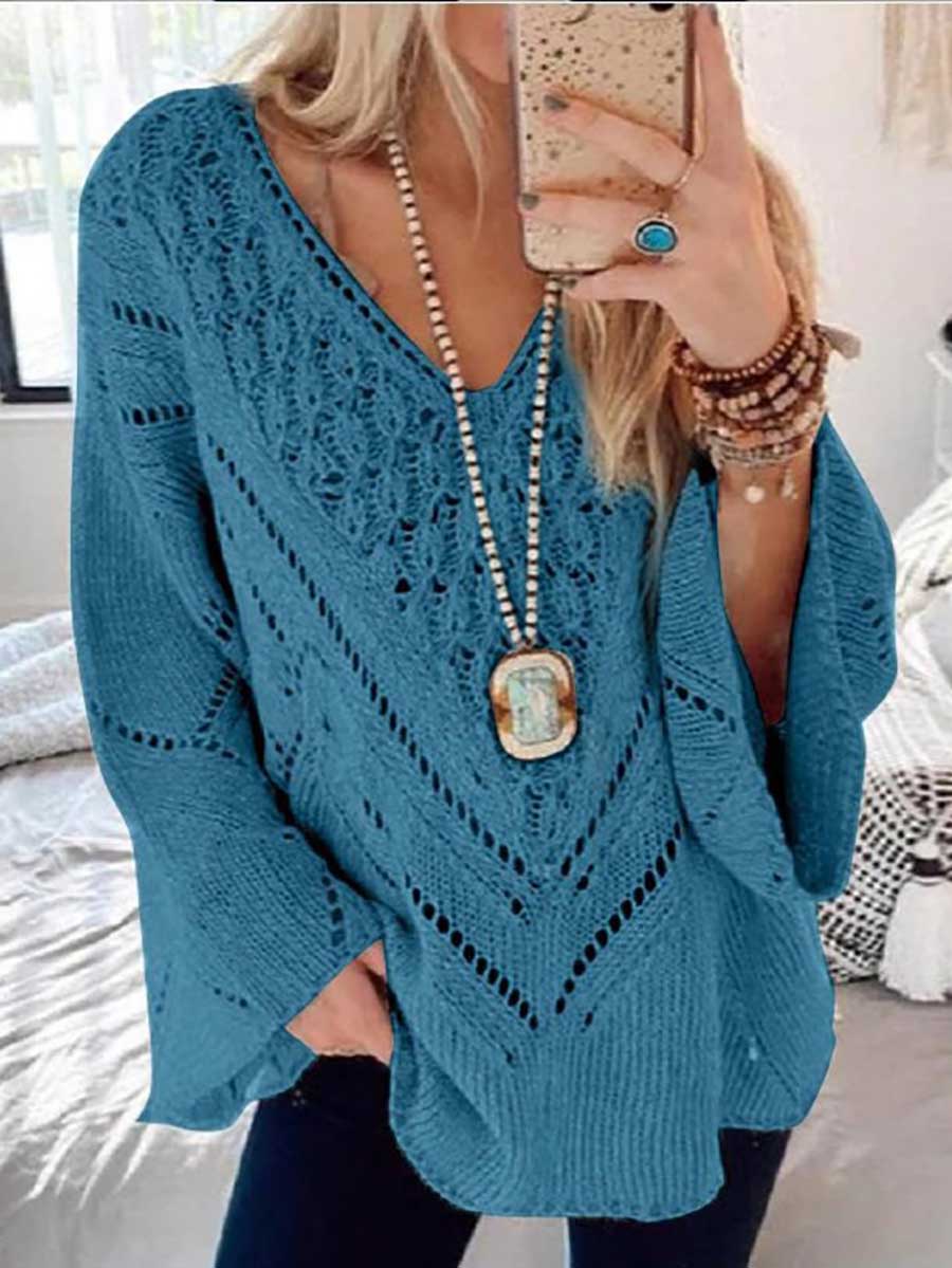 Stunncal Cutout V-Neck Flared Sleeve Sweater