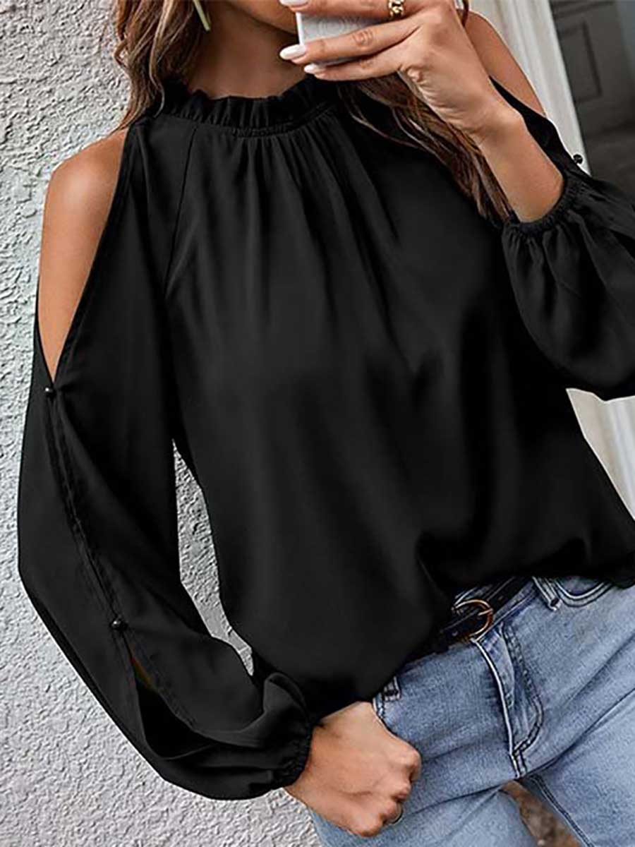 Stunncal Round neck off-shoulder chiffon shirt