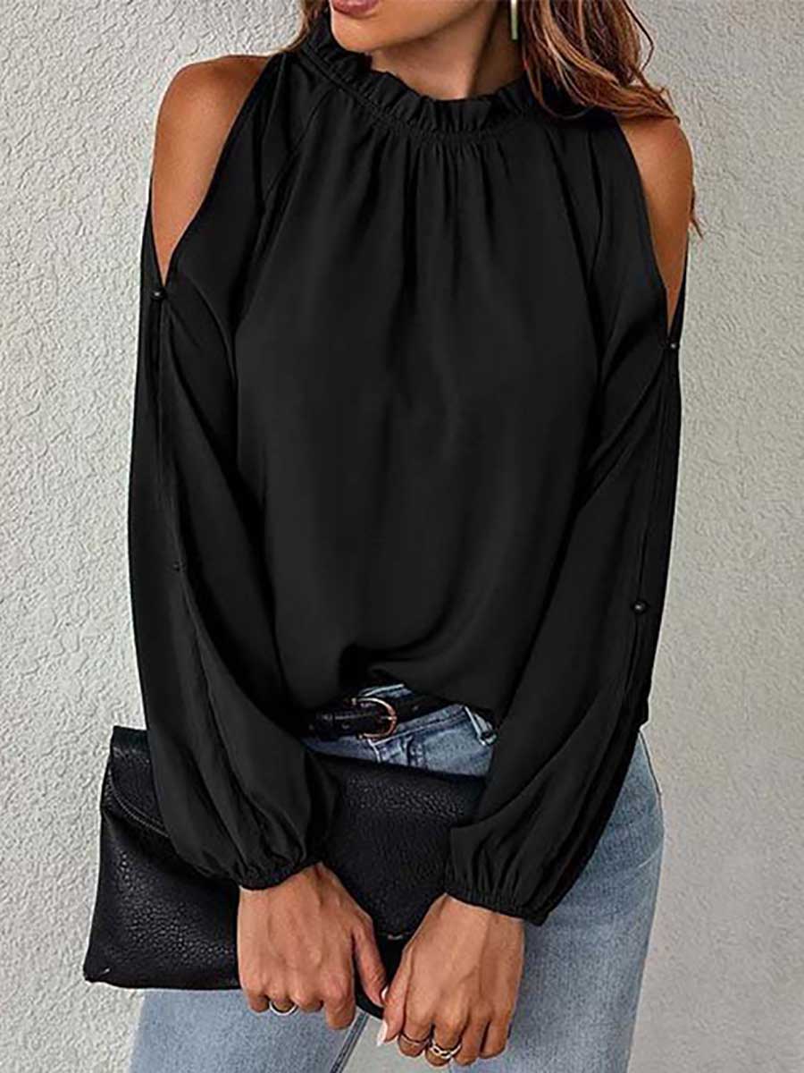 Stunncal Round neck off-shoulder chiffon shirt