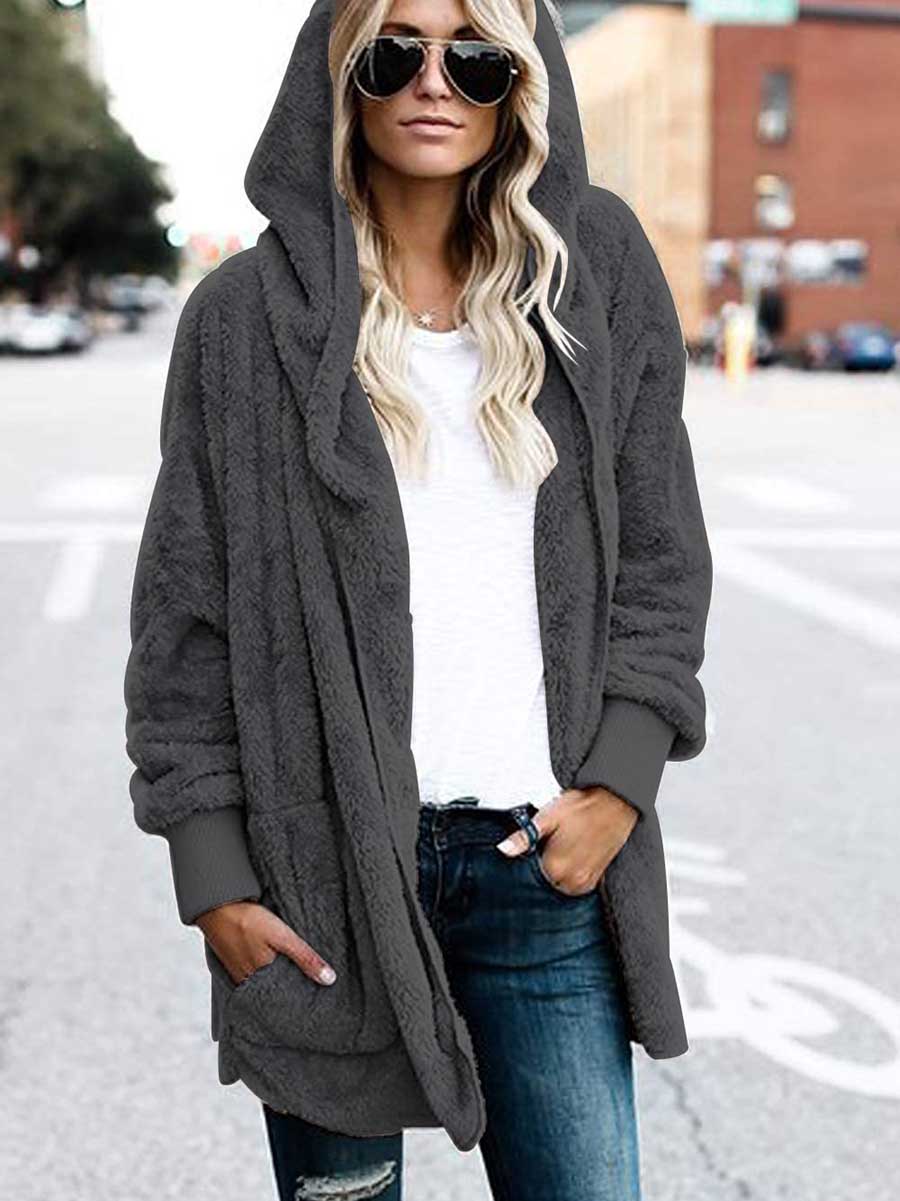 Stunncal Solid Color Fleece Hooded Jacket