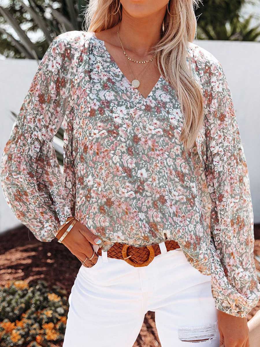 Stunncal V-neck Floral Chiffon Shirt