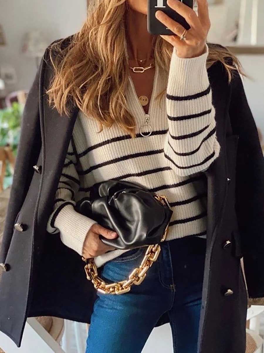 Stunncal Striped Colorblock Long Sleeve Knit Top