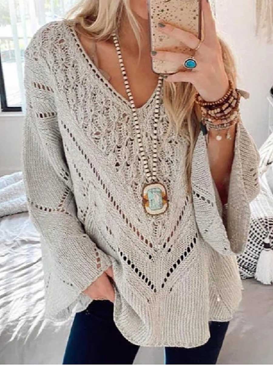 Stunncal Loose Long Sleeve Cutout V-Neck Sweater