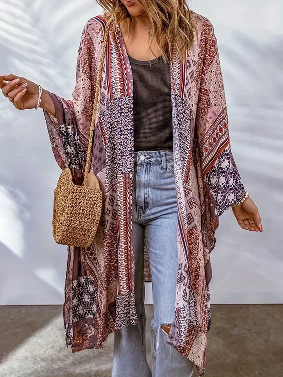 Stunncal Plus Size Printed Bat Sleeve Cardigan