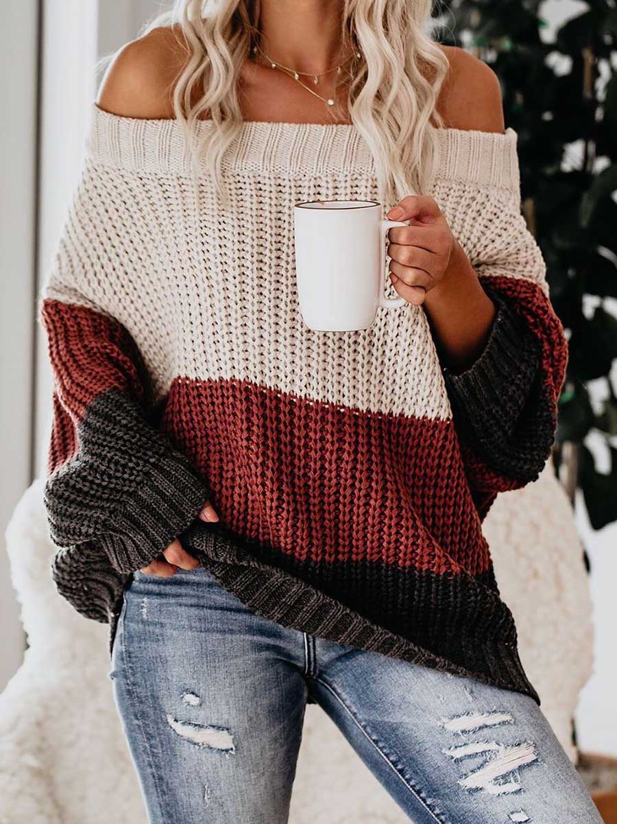 Stunncal One-line Collar Loose Patchwork Color Sweater