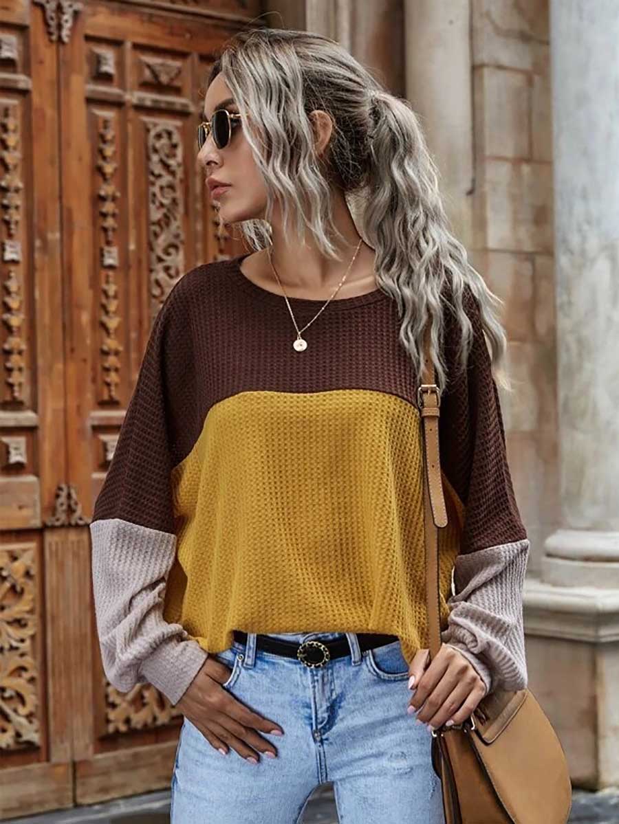 Stunncal Colorblocked Waffle Long Sleeve Casual Top