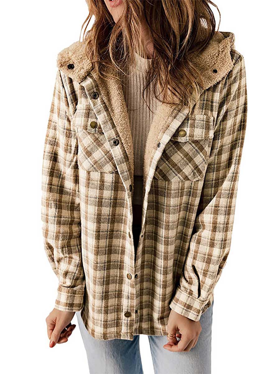 Stunncal Plaid Long Sleeve Shirt Hooded Thickened Jacket